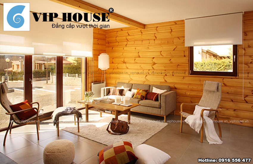 Thiết kế nội thất phòng khách với điểm nhấn tường gỗ